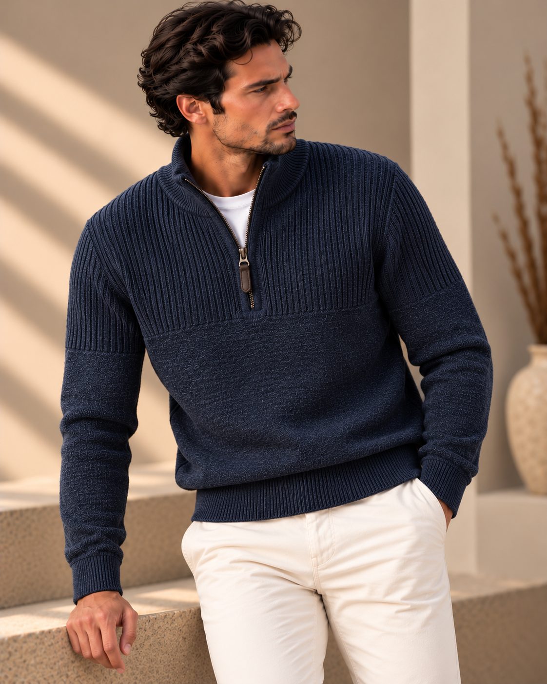 Ανδρική Πλεκτή Μπλούζα Half-Zip Striped MFG